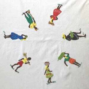 Embroidered African Cotton Linen Tablecloth Traditional Farm Harvest 34x36 in.